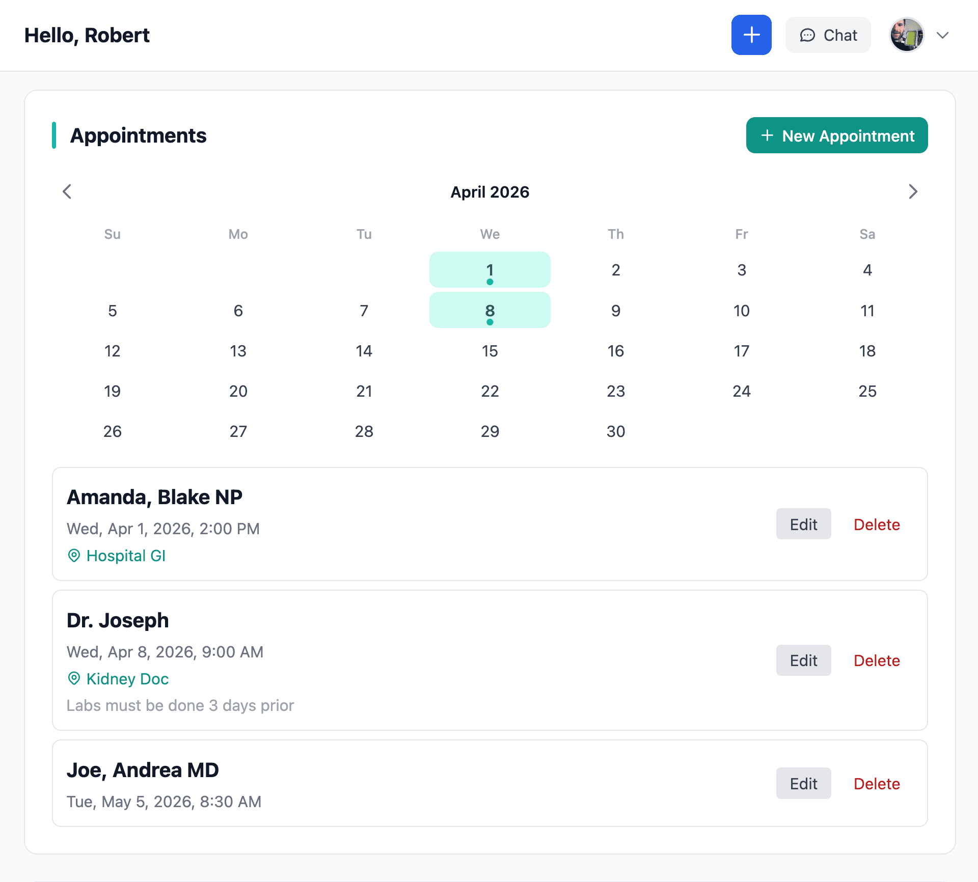 CKD appointment calendar showing upcoming nephrology visits, dialysis sessions, and lab appointments