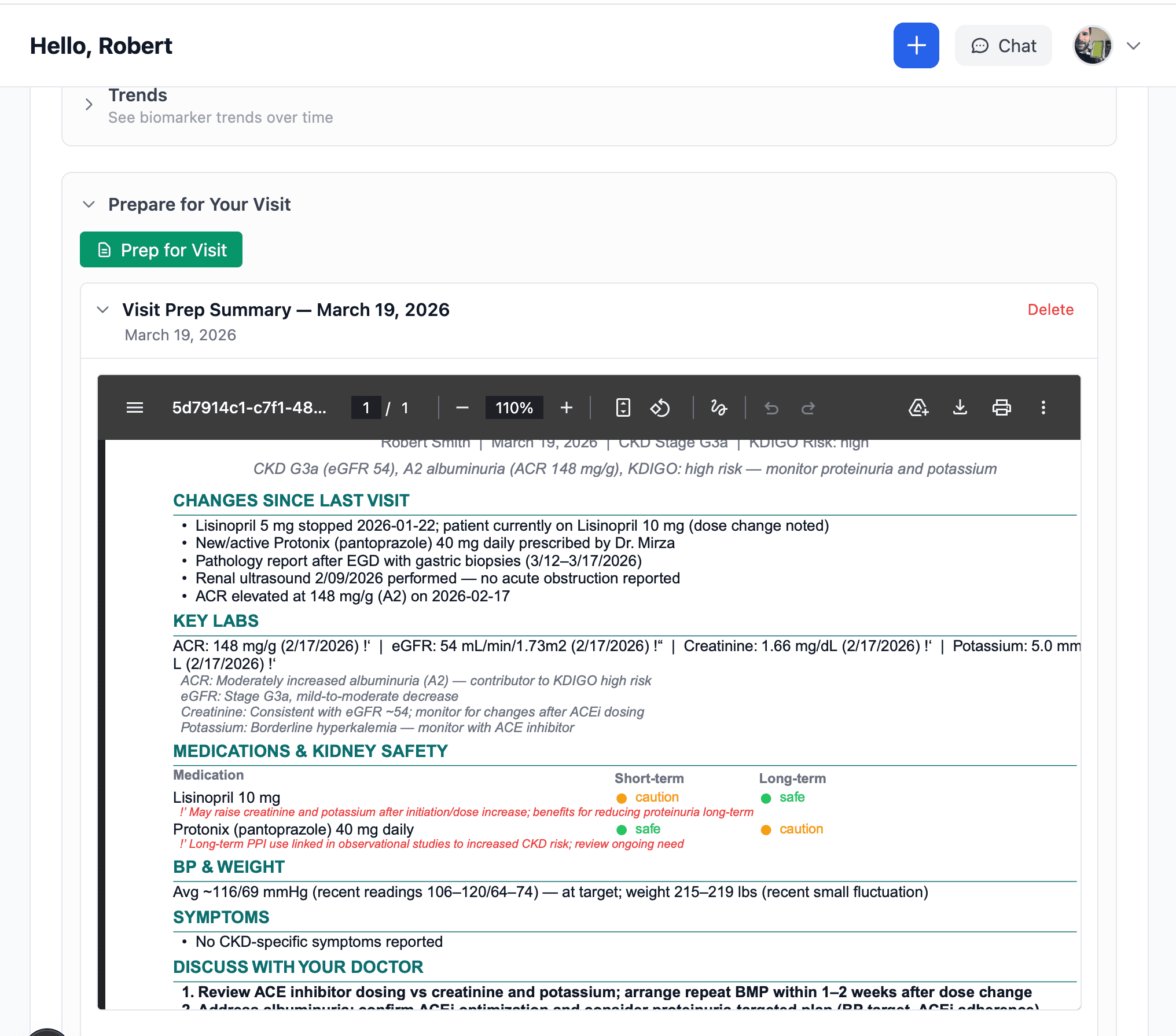 Visit prep PDF showing a one-page health summary with lab trends, medications, and notes for doctor appointments